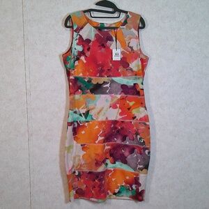 NWT Calvin Klein Watermelon Multi Color Bandage Wrap BodyCon Midi Dress Size 12